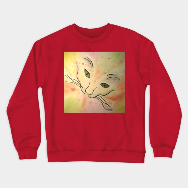 Colorful Abstract Cat Face With Hearts Crewneck Sweatshirt by KarenZukArt